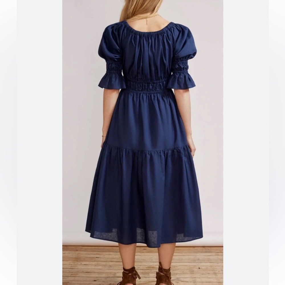 Kitri Linen Cotton Milkmaid Smock Tier Midi Dress Navy Cottagecore Minimalist-12